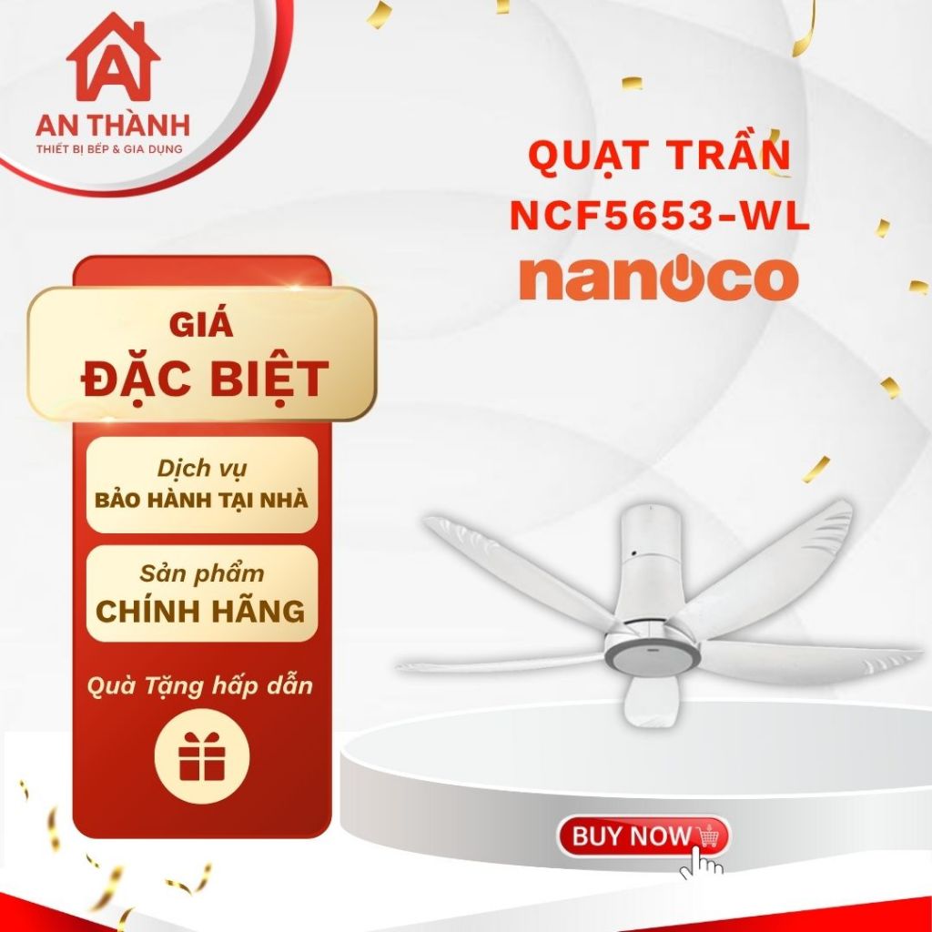 Quạt Trần Nanoco NCF5653-WL – 5 Cánh Trắng, Động Cơ DC, Đèn LED 3 Chế Độ, Có Remote