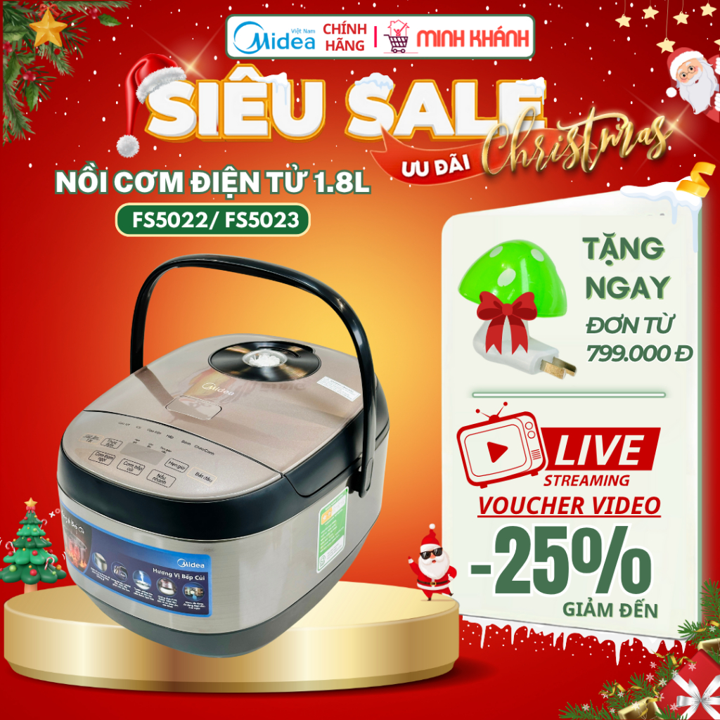 Nồi cơm điện tử Midea MB- FS5022/FS5023 - 1,8 Lít, Lòng niêu dày, nhiều chế độ nấu, Hẹn giờ tiện lợi