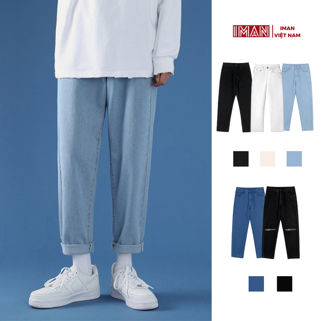 Quần Jean Nam IMAN Dáng Baggy, Quần Bò Ống Rộng Màu Đen Xanh Phong Cách Dáng Hàn Quốc