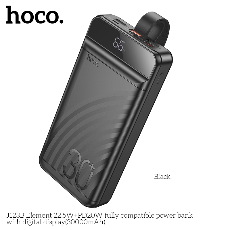 Cục Tích Điện Hoco J123B 30000mAh QC 3.0 22.5W và TypeC PD 20W, Có đèn Led (Đen) - Phụ Kiện 1986