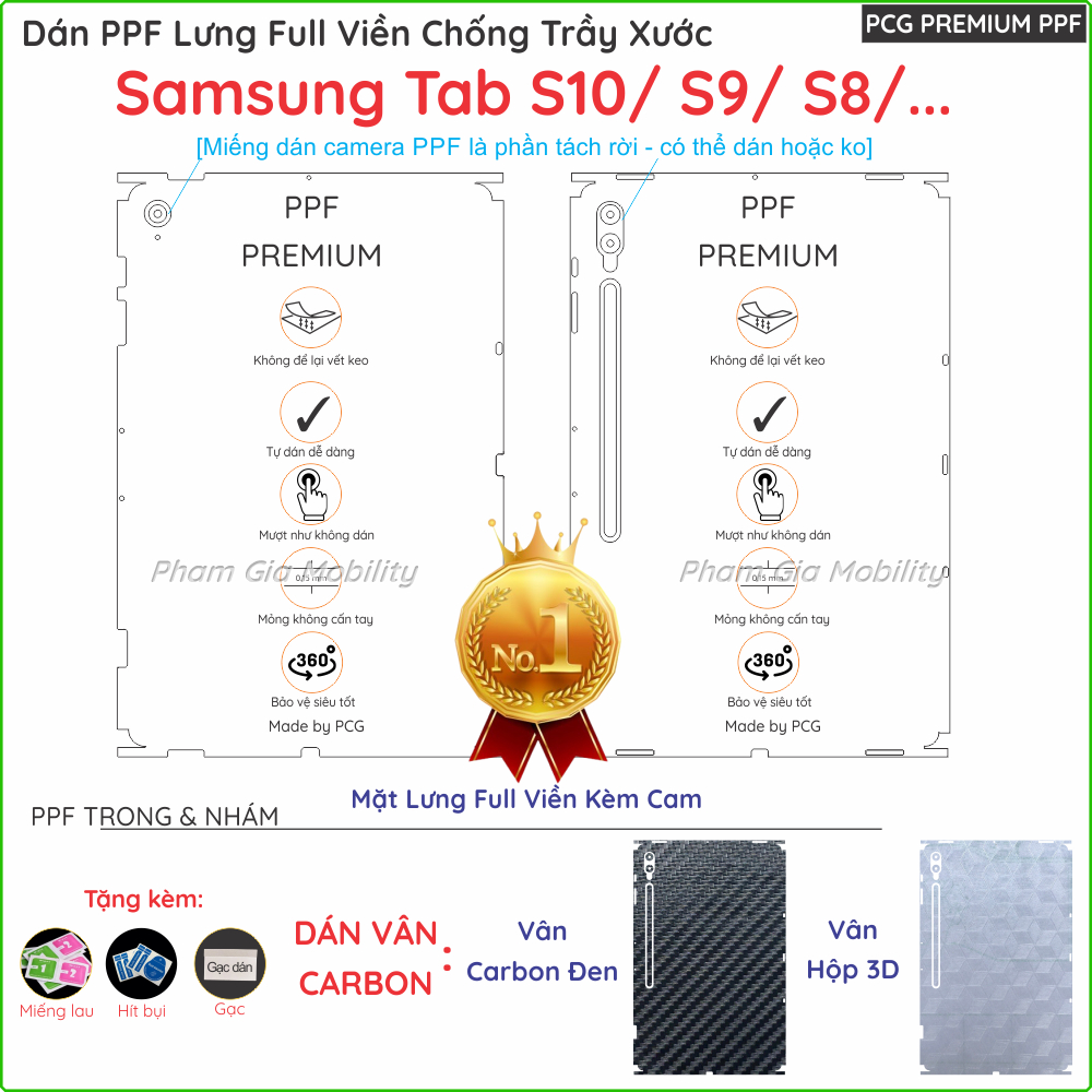 Dán PPF Mặt lưng FULL VIỀN dành cho Samsung Tab S10 Ultra/ S9 5G/ S9+ (Plus)/ S9 FE FE+/ S8 Ultra Pl