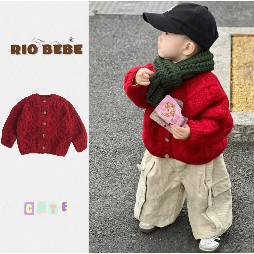 [QCCC/MQ] Áo Khoác Len CDG Đỏ hoạ tiết Vặn Thừng dáng Thụng Cho bé Mặc Noel Tết PC hàn Mqueen