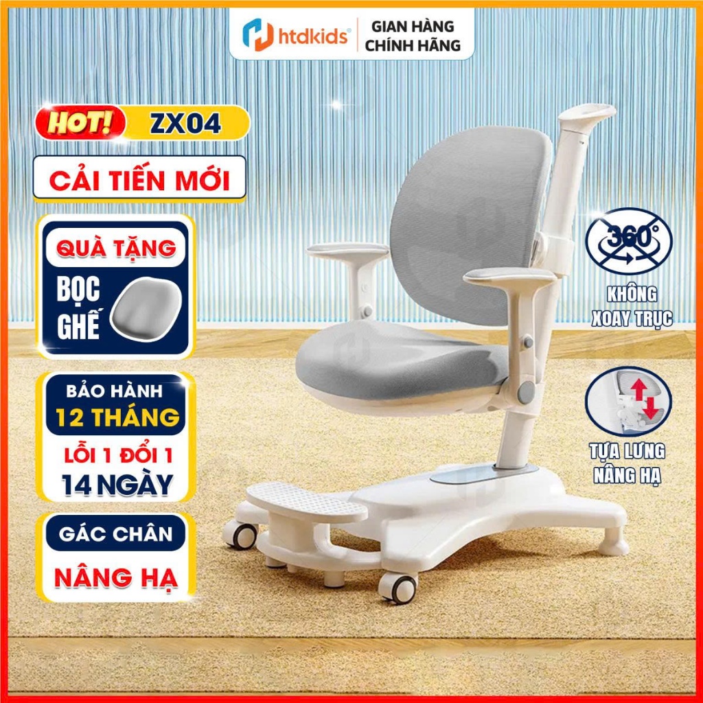 Ghế Học Sinh Chống Gù HTDKids ZX04 - Tựa Lưng Tự Động Thích Ứng, Bánh Xe Khóa Trọng Lực