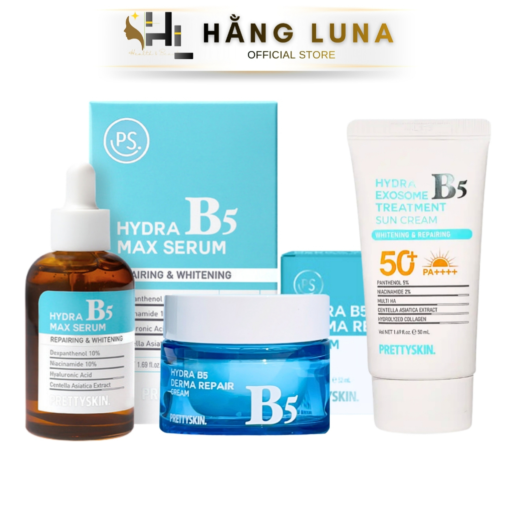 Serum B5 Prettyskin Hydra B5 Max Serum 50ml. Kem Dưỡng B5 Prettyskin 52ml và Kem Chống Nắng B5 50ml 