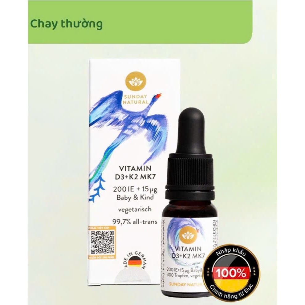 Thực phẩm bảo vệ sức khỏe Vitamin D3+K2 MK7 200IE + 15ug Baby&Kind Sunday Natural của Đức