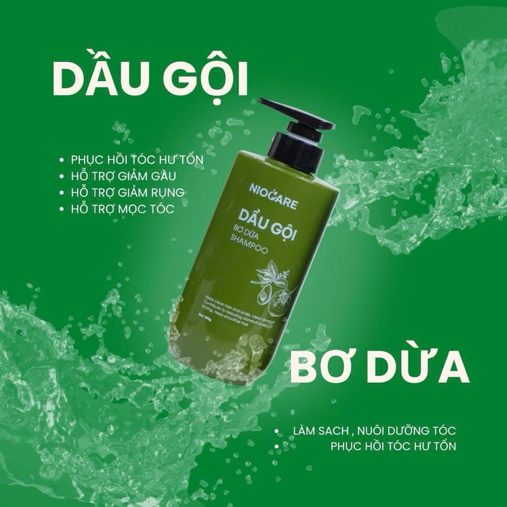 Dầu Gội Bơ Dừa NIOCARE. Mỗi chai 500ml. Dưỡng chất từ bơ và Olive Giúp tóc khỏe mượt tự nhiên.
