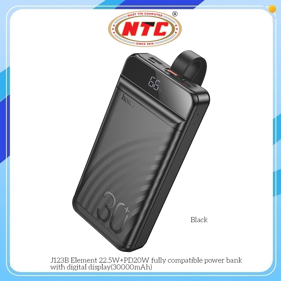 Cục Sạc DP Hoco J123B 30000mAh QC 3.0 22.5W và TypeC PD 20W, Có đèn Led (Đen) - Nhất Tín Computer