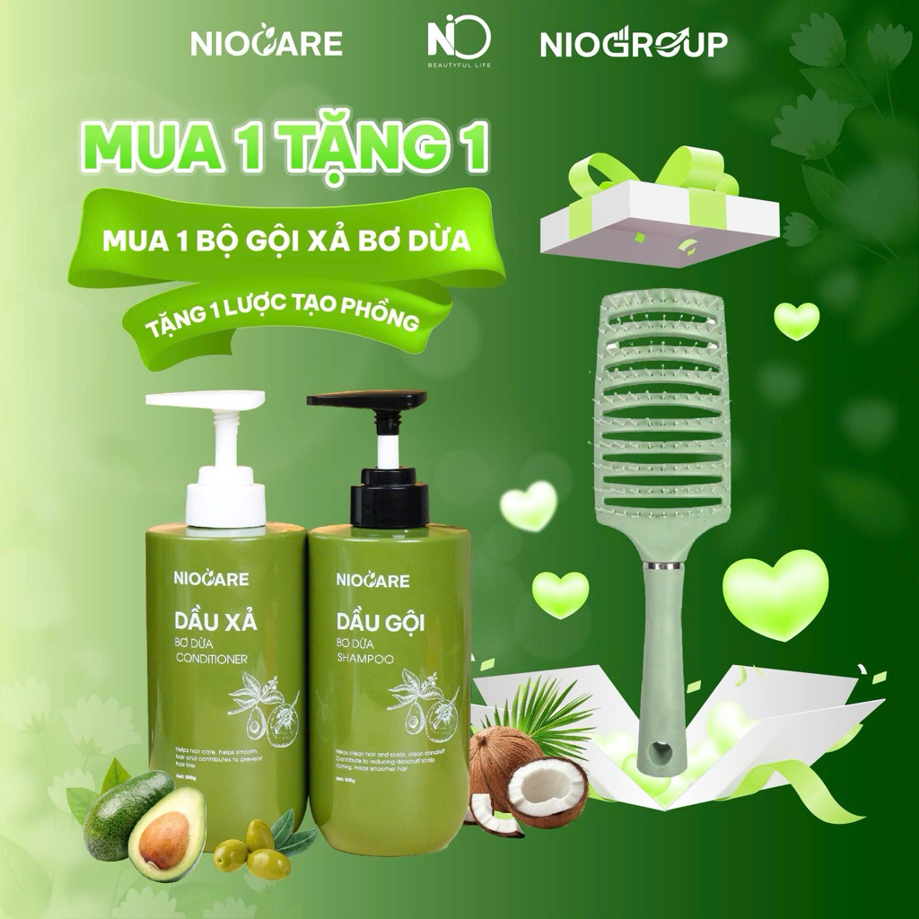 COMBO DẦU GỘI XẢ BƠ DỪA NIOCARE thiên nhiên Giải pháp phục hồi tóc khô xơ – gãy rụng – thiếu sức sốn