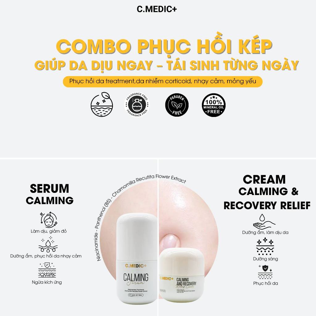 Combo Chăm Sóc Da Sau Peel C.MEDIC+ Calming Serum + Kem Dưỡng – Phục Hồi Da Yếu, Dịu Da Sau Laser, L