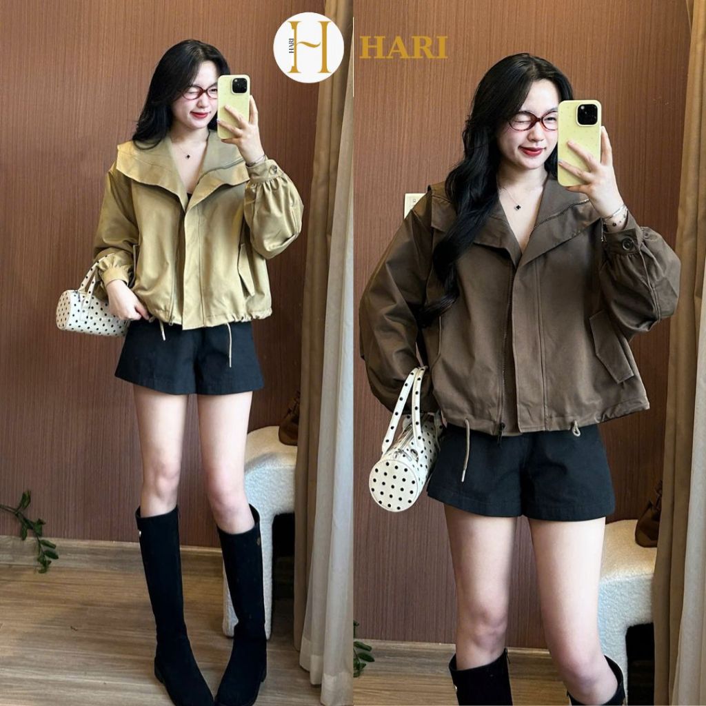Áo khoác Hari  Bomber Kaki trơn 2 Lớp Cổ Bẻ Vạt To Form Rộng Màu Nâu 1869 P9