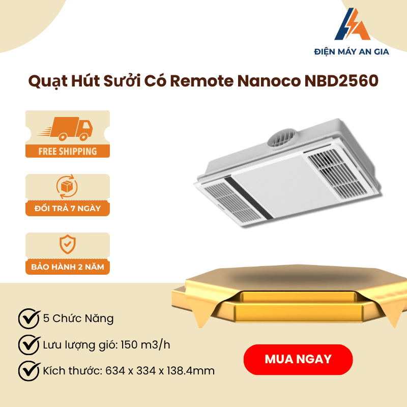 Quạt Hút Sưởi 5in1 Nanoco NBD2560 – Điều Khiển Từ Xa Tiện Lợi, Sưởi 2400W, Hiệu Suất Mạnh Mẽ – PEB
