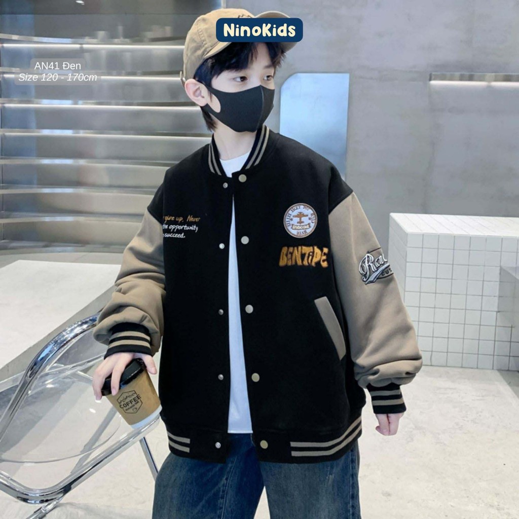 Áo khoác cho bé trai lớp 1 - 9, Thiết kế phong cách thời trang Hàn Quốc, vải nỉ cao cấp, AN41 NinoKi