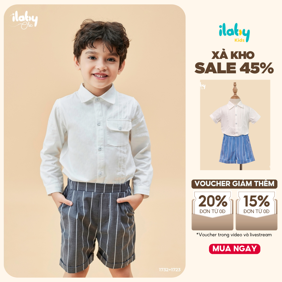 Quần đùi bé trai ILABY quần ngố kẻ dọc basic phong cách Hàn Quốc phối túi chất tuytsi [1732]