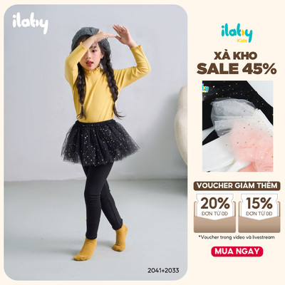 Quần legging bé gái ILABY phối tutu đính sao chất liệu thun gân co dãn 4 chiều 3 màu cho bé 10-35kg [2033]