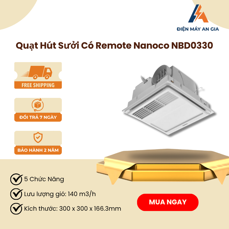 Quạt Hút Sưởi 5in1 Nanoco NBD0330 – Sưởi 2200W, Điều Khiển Từ Xa, Vận Hành Êm Ái – PEB