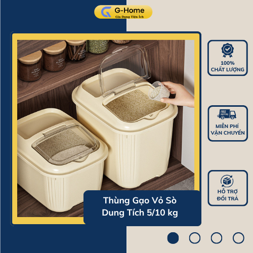 Thùng Đựng Gạo Hình Vỏ Sò Dung Tích 5/10kg Chất Liệu Nhựa Cao Cấp, Chống Côn Trùng, Ẩm Mốc