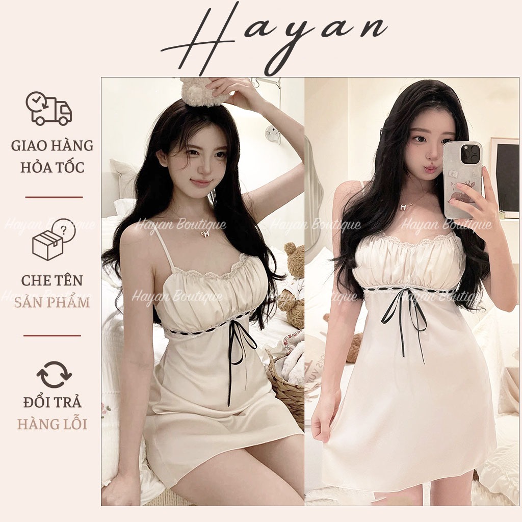 HT2 Váy ngủ sexy xếp ly dây nơ xinh kèm ĐỆM LÓT,đồ ngủ lụa đơn giản dáng suông HT2