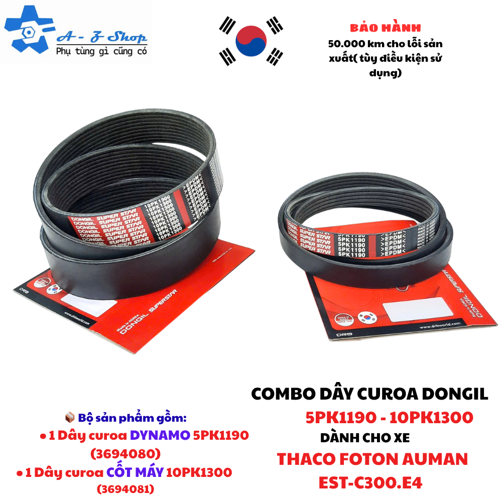 DÂY CUROA DONGIL(DYNAMO & DÂY CỐT MÁY - THACO FOTON AUMAN EST-C300.E4)DYNAMO 5PK1190 – 3694080/CỐT M