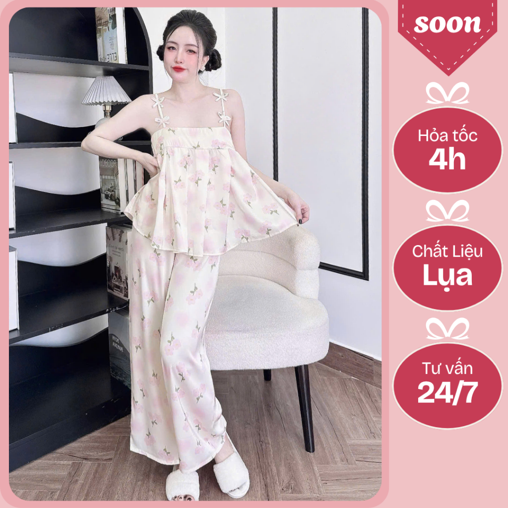 Bộ Mặc Nhà SOON Bộ 2 Dây Lụa Latin In Thiết Kế 4 Nơ Quần Dài Freesize 45-65kg