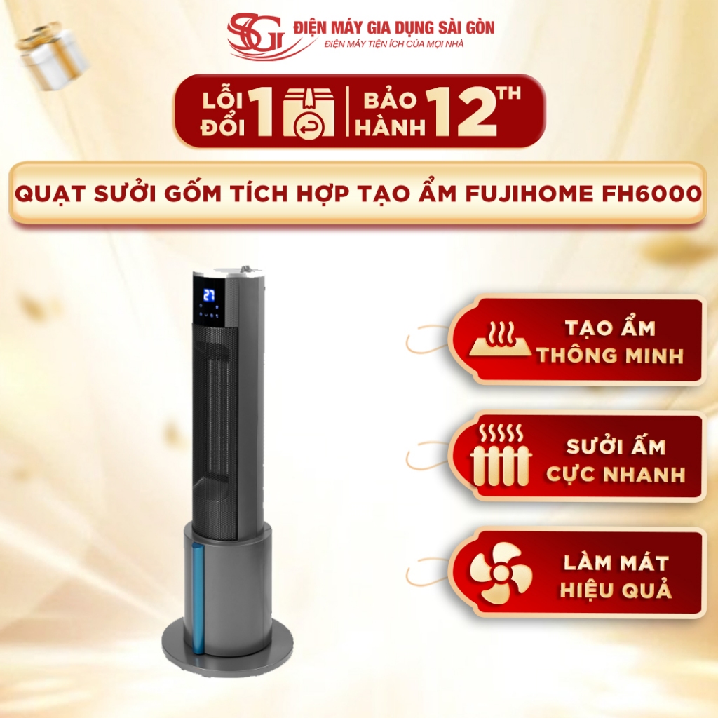 Quạt sưởi gốm tích hợp tạo ẩm Fujihome FH6000 - Công suất 700/1500/2200W, điều khiển từ xa