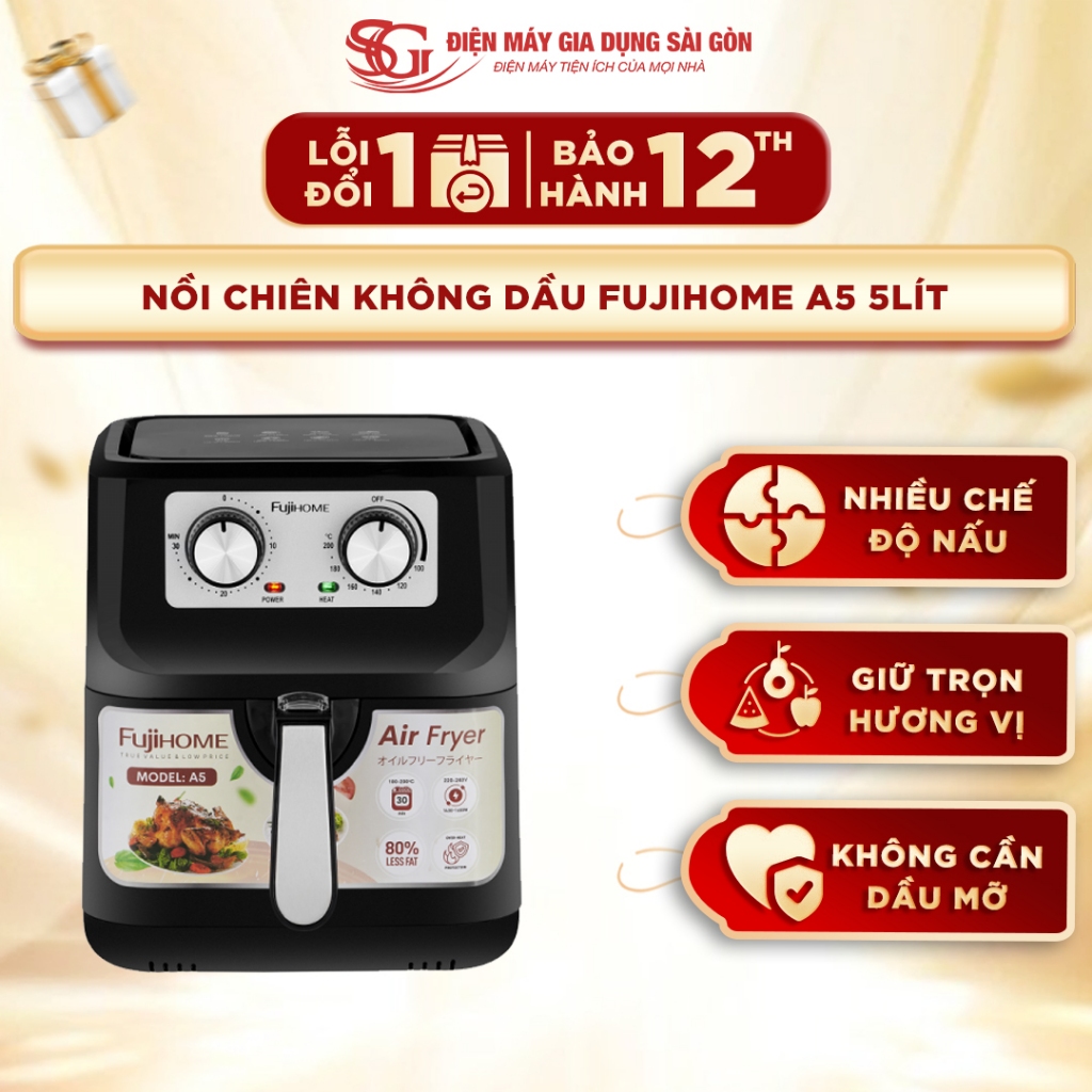 Nồi chiên không dầu Fujihome A5 5L - Đen, Công suất 1600W, Chống dính cao cấp