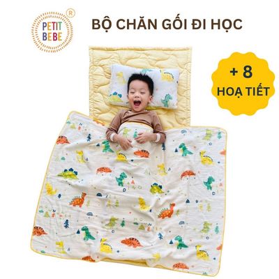 Bộ chăn gối cho bé đi học muslin PETIT BEBE 3 món Tấm lót 70x120cm | Gối nằm 35x50cm | Chăn hè 100x120cm