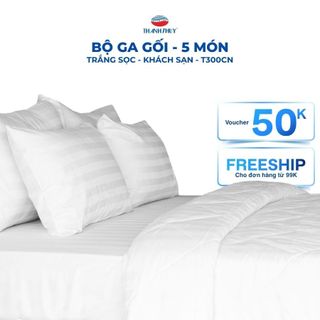 Bộ Chăn Ga Gối  4 Món, 5 Món Trắng Sọc Khách Sạn T300 CHỐNG NHĂN - THANH THUY