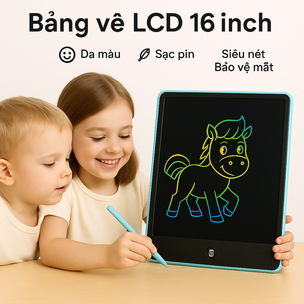 Bảng Vẽ LCD 16 Inch – Sạc Pin – Viết Xóa 1 Chạm – Màn Hình Đa Màu – Bảng Viết Thông Minh Cho Bé