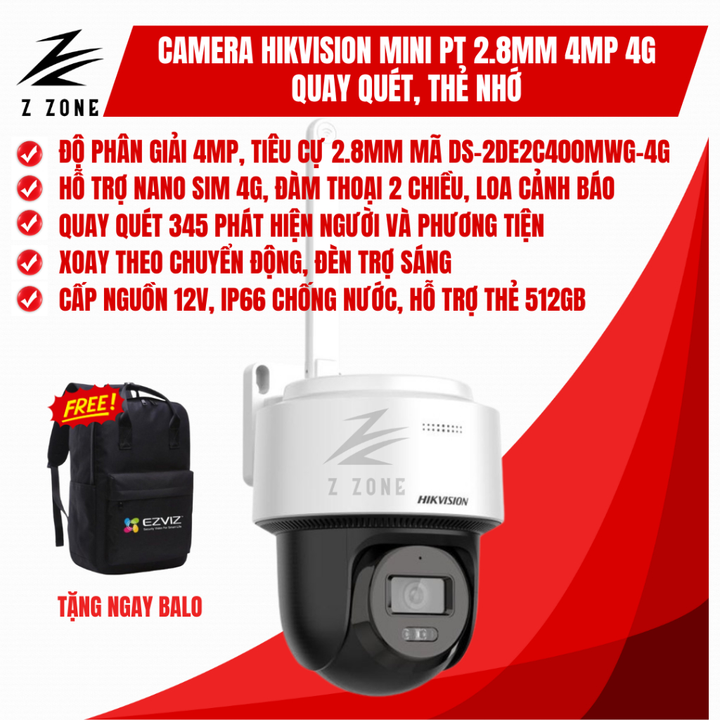 Camera HIKVISION 4G 4MP IP Quay Quét Ngoài Trời DS-2DE2C400MWG-4G - Kết Nối 4G, Hình Ảnh Sắc Nét