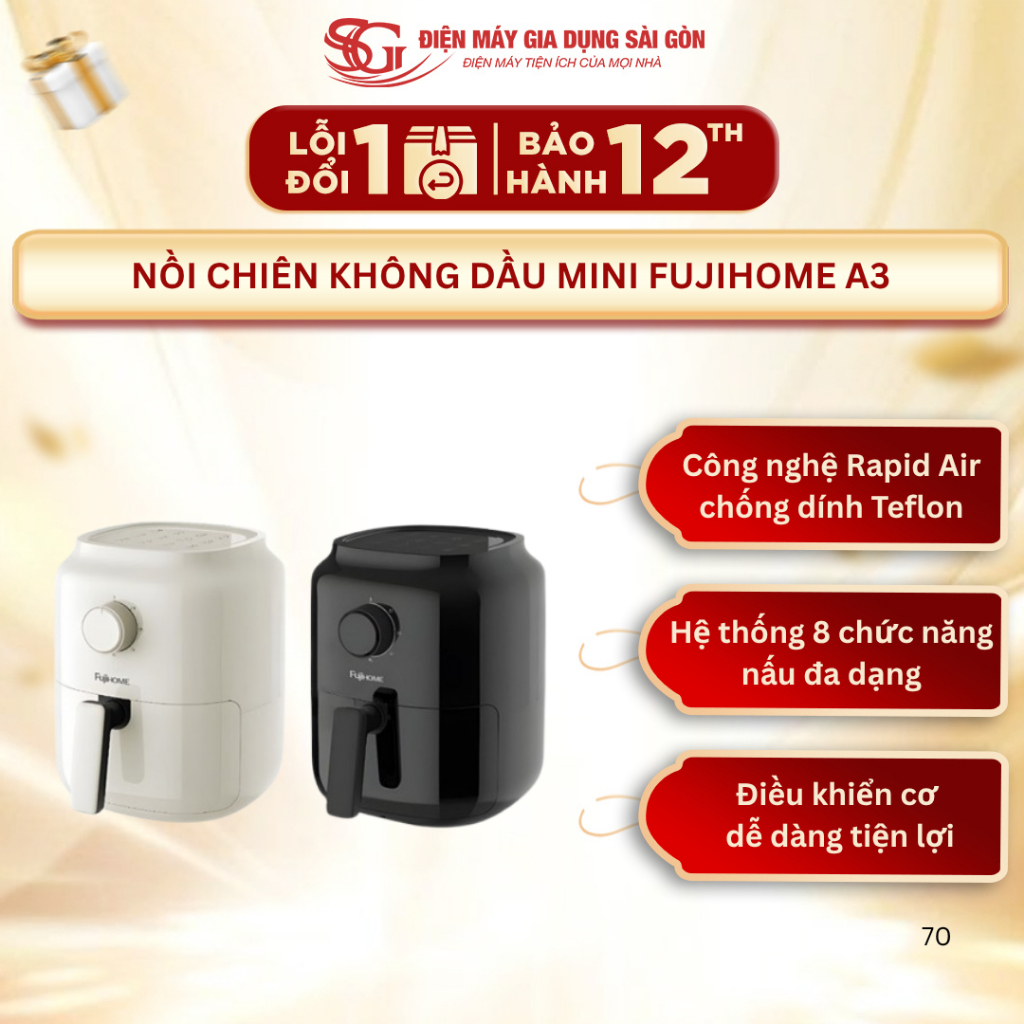 Nồi chiên không dầu mini Fujihome A3 - Dung tích 3.2L, màu Trắng/Đen