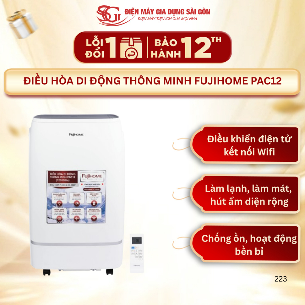 Máy Điều Hòa Di Động Fujihome PAC12 - 12000 BTU, Làm Lạnh Nhanh, Hút Ẩm Hiệu Quả, Kết Nối Wifi
