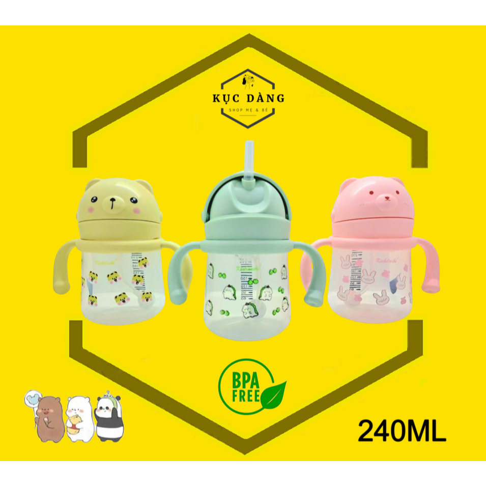 Bình tập uống nước ống hút PP Kichilachi cho bé 240ml