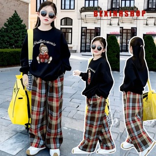   BeinhxshopVN  Bộ áo dài tay in gấu quần ống suông caro dễ thương cho bé gái BXG1992 