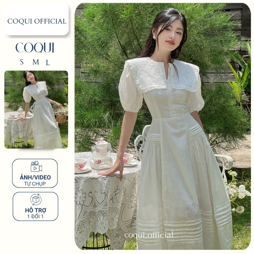 Đầm dài tiểu thư dáng dài tay phồng SWAN DRESS - COQUI đầm dài thanh lịch phối cổ ren tay ngắn phồng tiểu thư thanh lịch