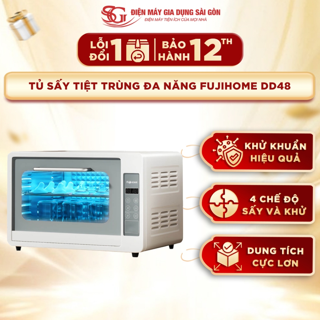 Tủ sấy tiệt trùng đa năng Fujihome DD48, 48L, màu trắng, công nghệ UVC LED khử khuẩn