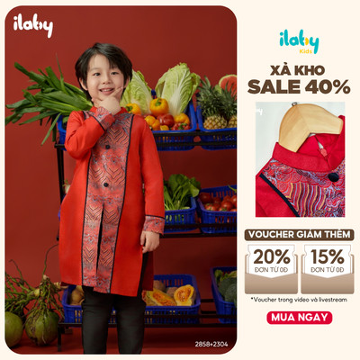 Áo dài cho bé trai ILABY Huỳnh Long dài tay chất tafta gấm cổ tàu xẻ tà thân trước [2858]