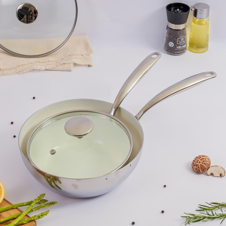 Chảo sâu lòng inox 304 (18/10) đáy từ 5 lớp liền khối phủ chống dính Ceramic Kaiyo KNW-6681 20cm / K