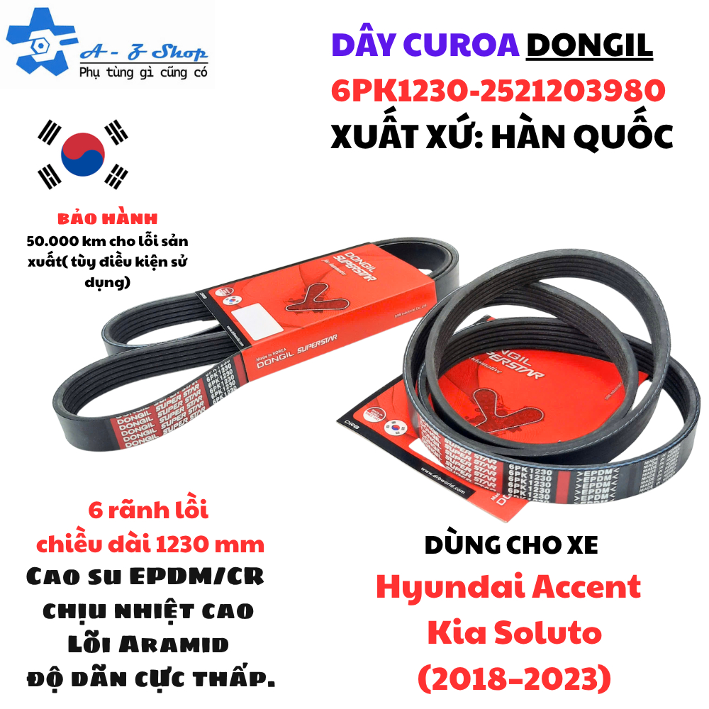 🔥[CHÍNH HÃNG DONGIL] Dây curoa tổng Hyundai Accent & Kia Soluto (2018–2023) Mã phụ tùng: 2521203980 
