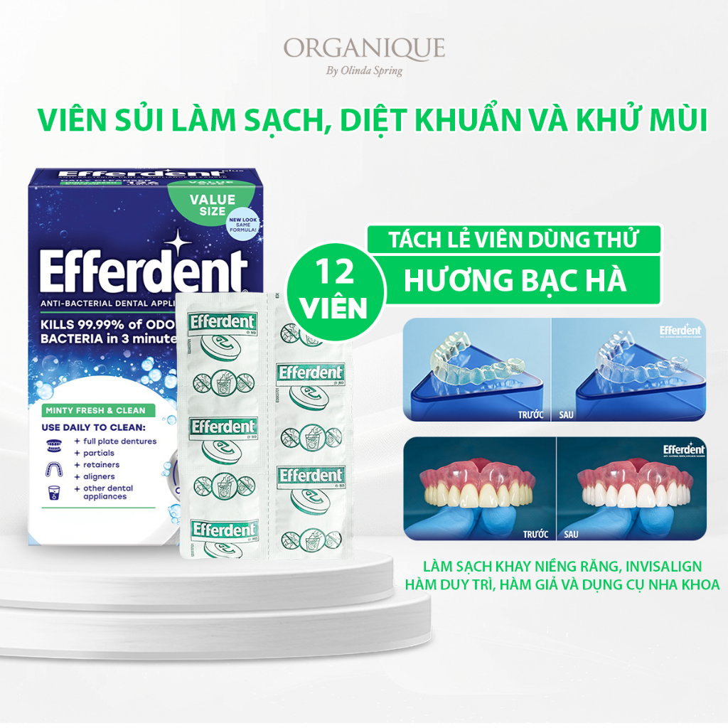 Viên Sủi Vệ Sinh Hàm Duy Trì, Hàm Giả, Invisalign Efferdent Minty Fresh & Clean Mỹ Sạch Sâu, Thơm Má
