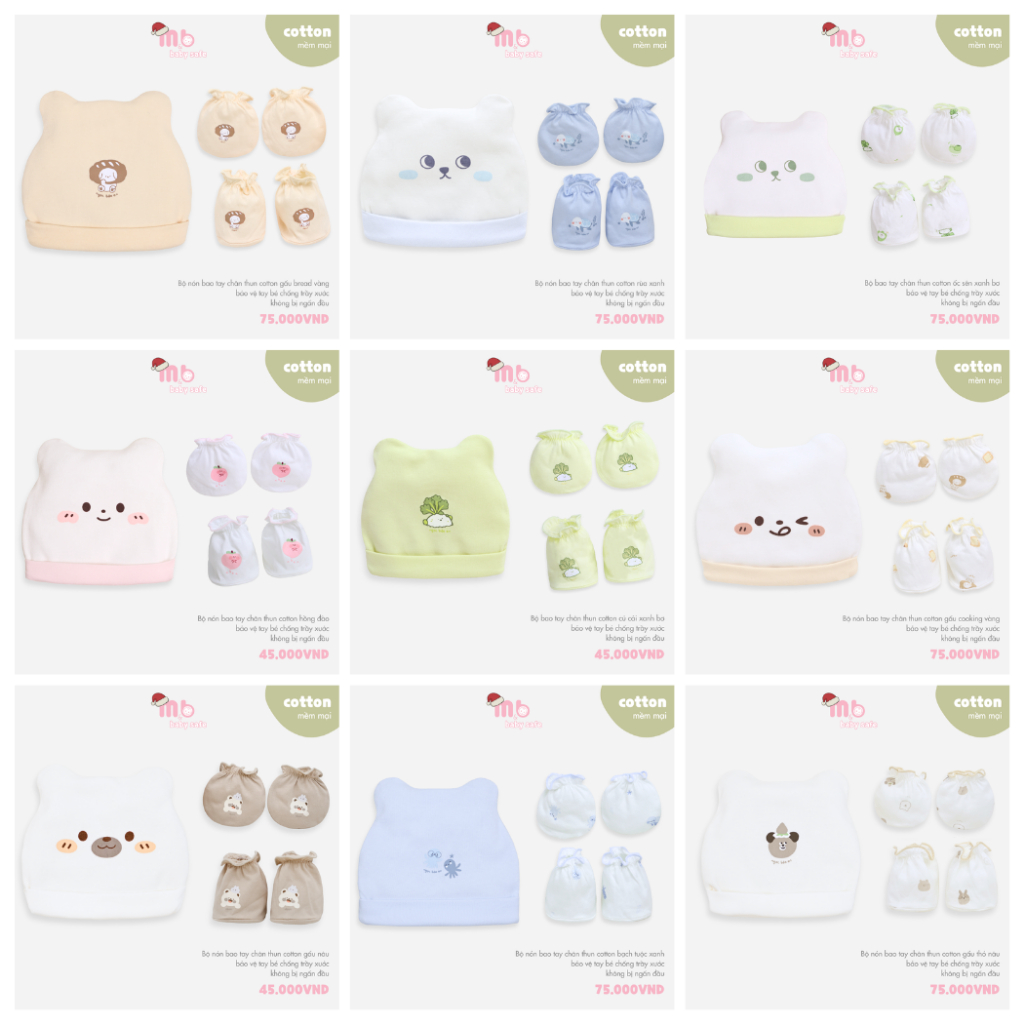 Set nón bao tay chân thun sơ sinh cotton mềm mại, thoáng mát bảo vệ tay bé không bị ngấn cổ tay và ngấn đầu khi đội