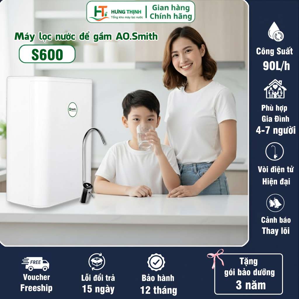 Máy lọc nước AOSmith S600 – Công suất lớn, lọc nhanh gấp 2 lần -- Vòi led sang trọng, hiện đại | Tổn