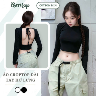 Áo croptop dài tay hở lưng POMTOP – cotton mịn ôm body tôn dáng gợi cảm TD07