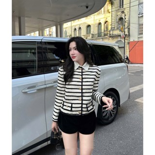  ste đồ nữ áo dài tay kẻ ngang đen trắng cổ sơ mi mix quần short đùi đen 