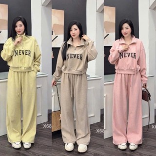  Set Bộ Đồ Nữ Len Tăm Lông Thỏ Áo Cổ Trụ Kéo Khoá Lửng NEVER Dây Rút Mix Quần Suông Dài Ống Rộng 