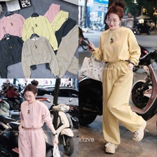  Set Bộ Đồ Nữ Len Tăm Lông Thỏ Thêu Chuột Mickey Áo Dài Tay Dáng Lỡ Dây Rút Gấu Mix Quần Dài Ống Rộng Bo Chun Dây Gấu 