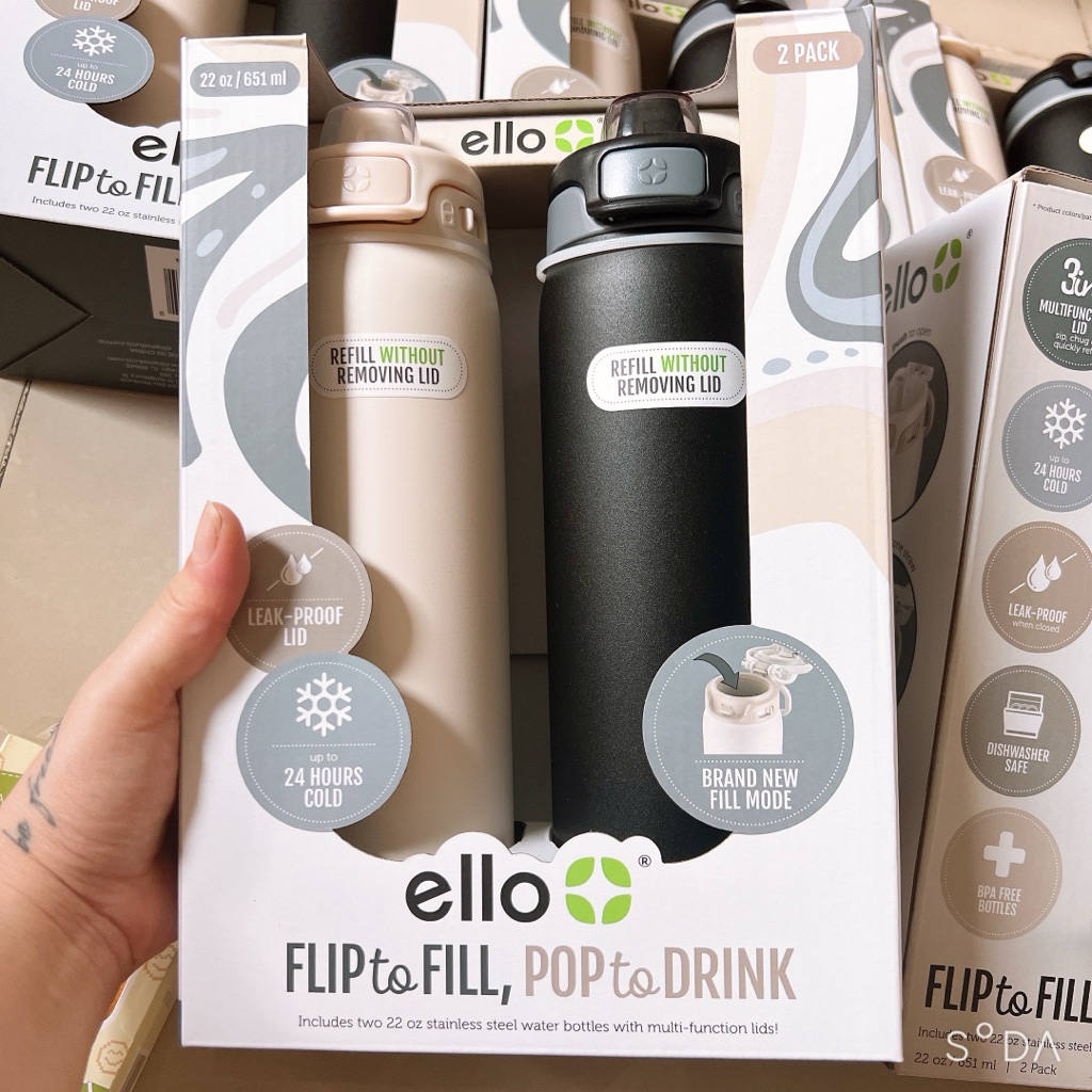 Bình giữ nhiệt Ello Flip To Fill, Pop To Drink 20oz 651ml (DUNES / CHARCOAL)