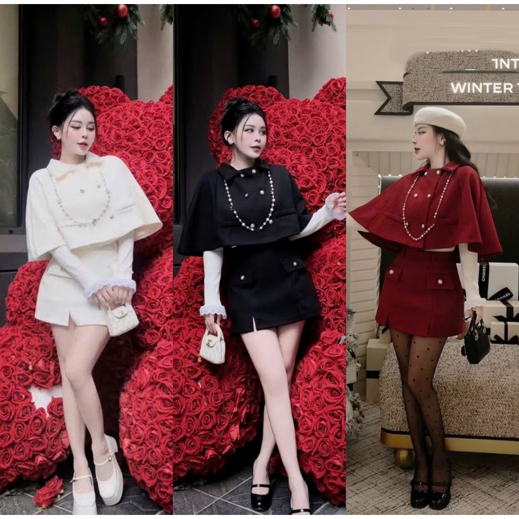 (Set 3 Chi Tiết): Áo Dạ Choàng Đệm Vai Cúc Tròn Mix Áo Len Tăm Ren Trắng Phối Chân Váy A Nắp Túi -Ản