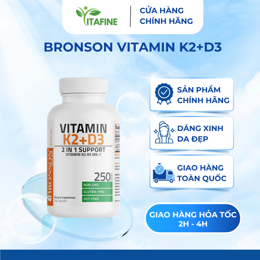 Bronson Vitamin D3 K2 Viên uống bảo vệ xương khớp, hấp thu canxi, tăng đề kháng, hiệu quả luyện tập