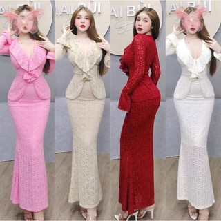 S237: Set Đầm Gồm Áo Tay Loe Ren Cổ Bèo, Chân Váy Đuôi Cá Ren Lông Vũ Body Mai Bùi Store Nữ