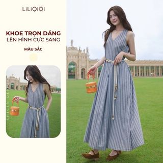  Đầm Thiết Kế Sang Chảnh Váy Nữ Dáng Dài Tiểu Thư Hoạ Tiết Sọc Xanh LiLiQiQi By LeeGi - DD998 
